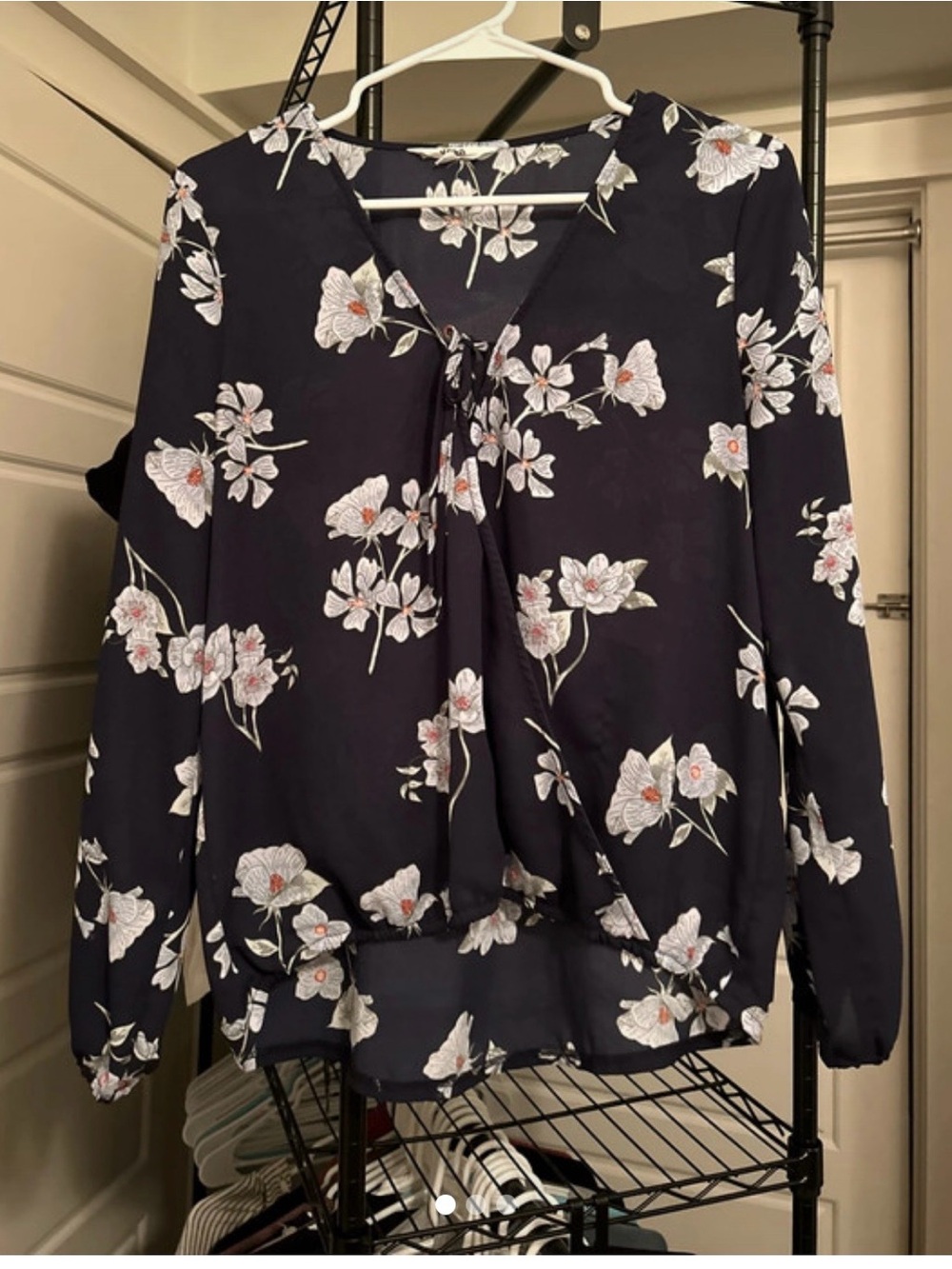 BB Dakota Navy Floral Tie-Front Blouse